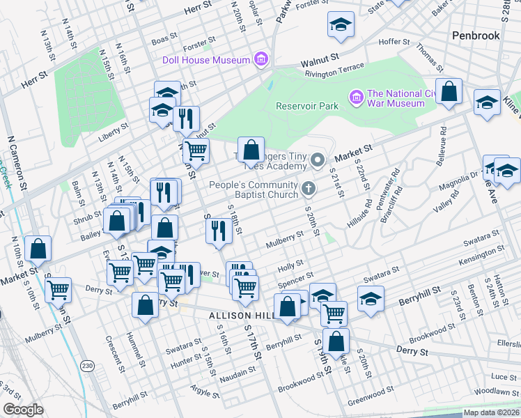 map of restaurants, bars, coffee shops, grocery stores, and more near 1849 Zarker Street in Harrisburg