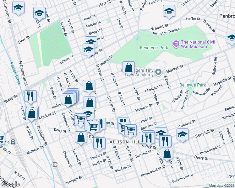 map of restaurants, bars, coffee shops, grocery stores, and more near 1803 Market Street in Harrisburg