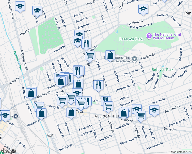 map of restaurants, bars, coffee shops, grocery stores, and more near 1711 Market Street in Harrisburg