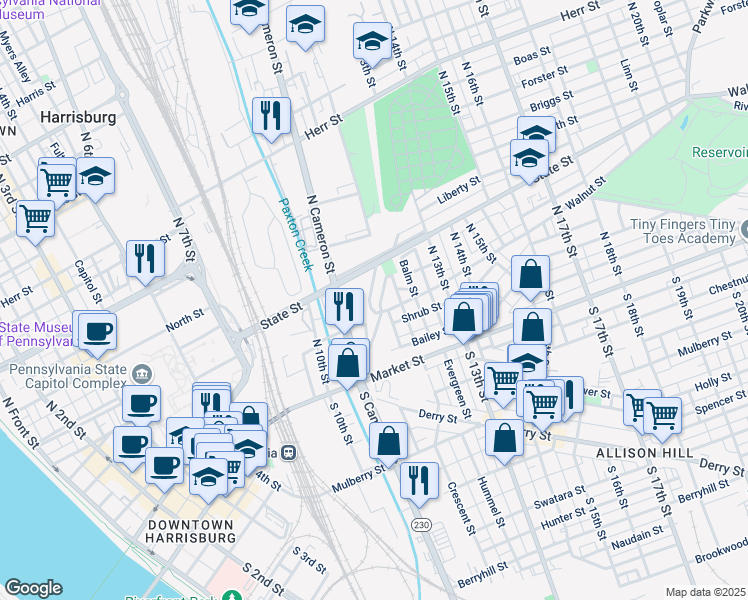 map of restaurants, bars, coffee shops, grocery stores, and more near 121 King Street in Harrisburg