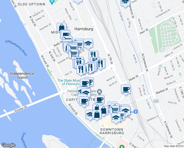 map of restaurants, bars, coffee shops, grocery stores, and more near in Harrisburg