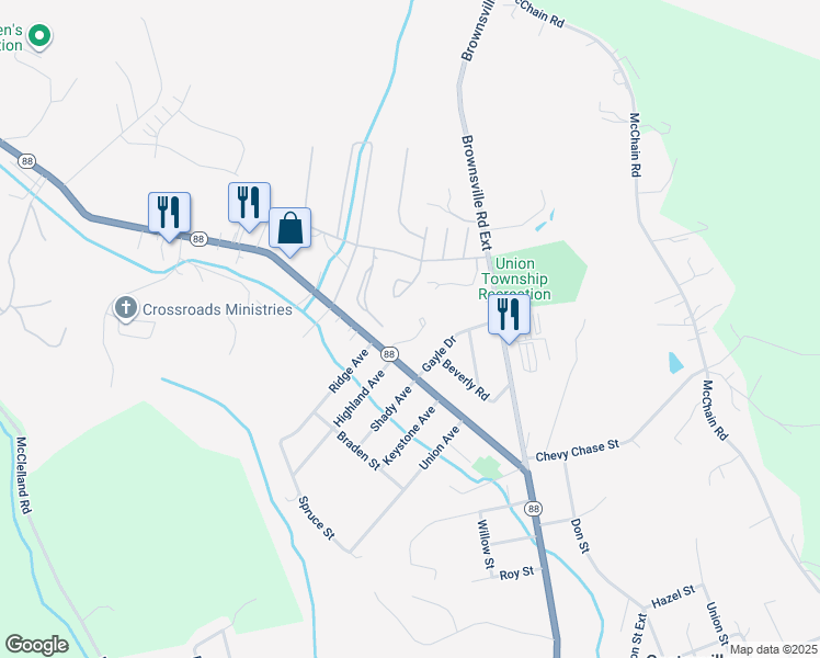 map of restaurants, bars, coffee shops, grocery stores, and more near 35 Circle Drive in Finleyville