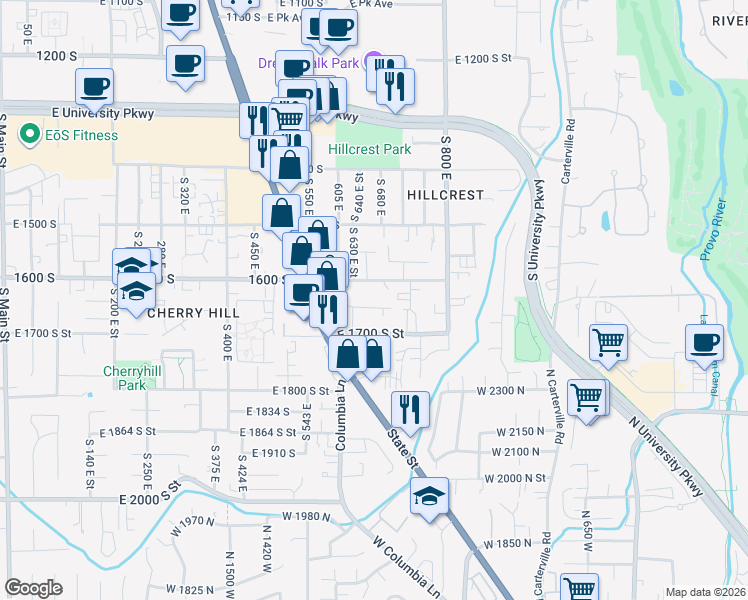 map of restaurants, bars, coffee shops, grocery stores, and more near 673 East 1650 South in Orem