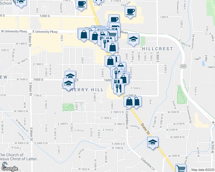 map of restaurants, bars, coffee shops, grocery stores, and more near 1716 Village Lane in Orem