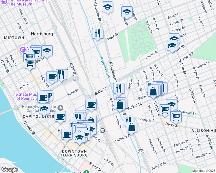 map of restaurants, bars, coffee shops, grocery stores, and more near 253 North 10th Street in Harrisburg