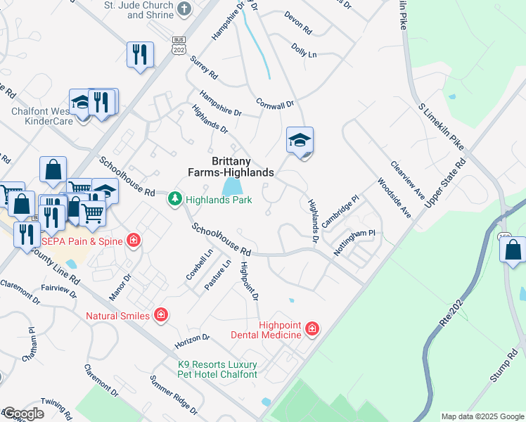 map of restaurants, bars, coffee shops, grocery stores, and more near 103 Bonnie Lark Court in Chalfont