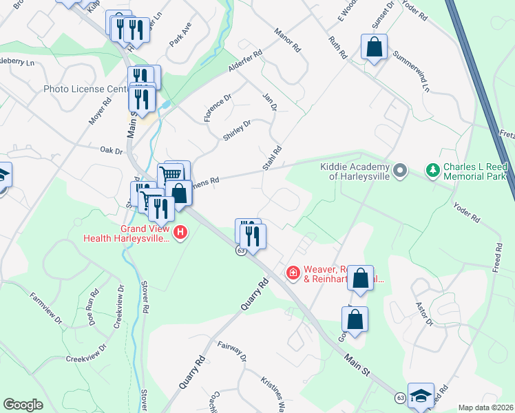 map of restaurants, bars, coffee shops, grocery stores, and more near 313 Buckingham Circle in Harleysville