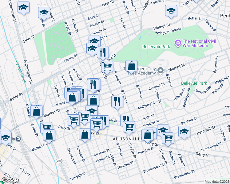 map of restaurants, bars, coffee shops, grocery stores, and more near 1713 Market Street in Harrisburg