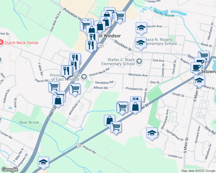 map of restaurants, bars, coffee shops, grocery stores, and more near 20 Allison Road in East Windsor