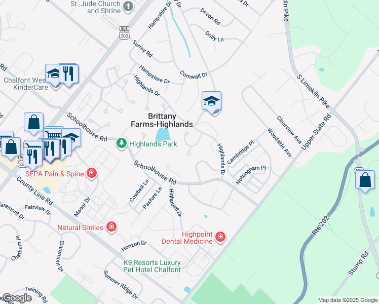 map of restaurants, bars, coffee shops, grocery stores, and more near 131 Bonnie Lark Court in Chalfont