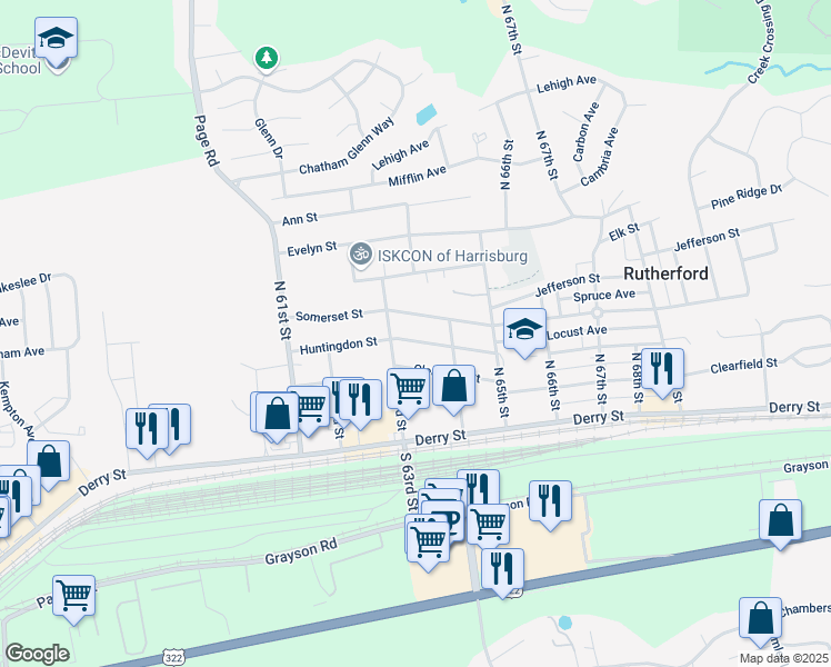 map of restaurants, bars, coffee shops, grocery stores, and more near 6330 Huntingdon Street in Harrisburg