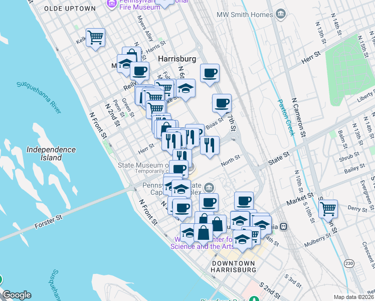 map of restaurants, bars, coffee shops, grocery stores, and more near in Harrisburg