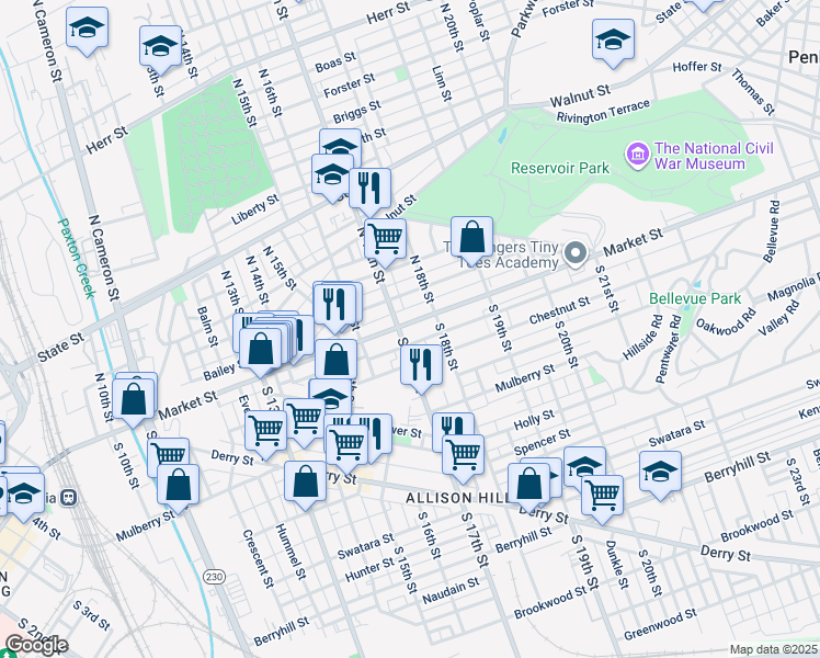 map of restaurants, bars, coffee shops, grocery stores, and more near 1711 Market Street in Harrisburg
