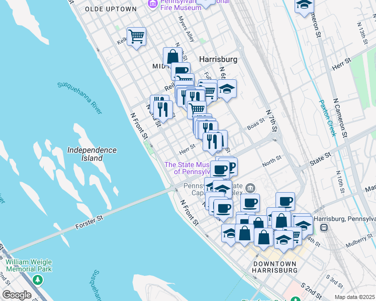 map of restaurants, bars, coffee shops, grocery stores, and more near 227 Herr Street in Harrisburg