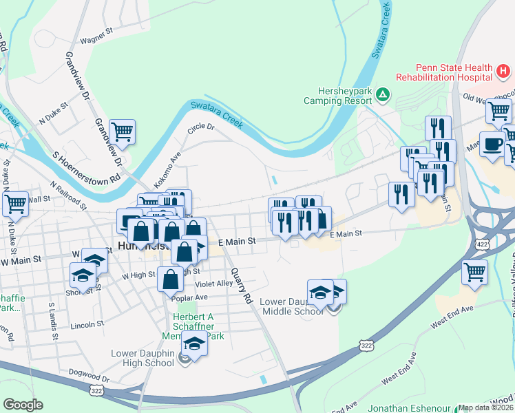 map of restaurants, bars, coffee shops, grocery stores, and more near 248 East 2nd Street in Hummelstown