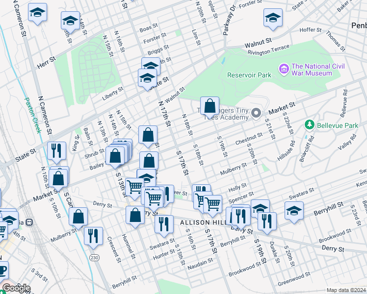map of restaurants, bars, coffee shops, grocery stores, and more near 1713 Market Street in Harrisburg