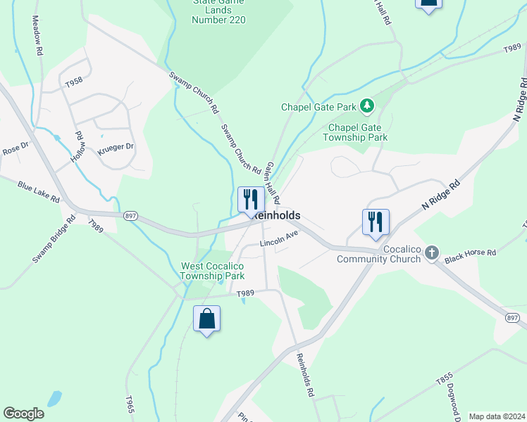 map of restaurants, bars, coffee shops, grocery stores, and more near 8 East Main Street in Reinholds