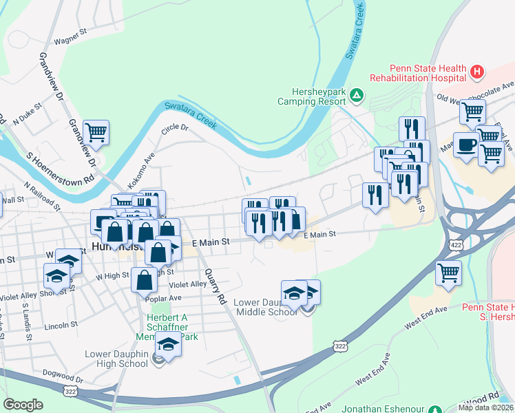 map of restaurants, bars, coffee shops, grocery stores, and more near 308 East 2nd Street in Hummelstown