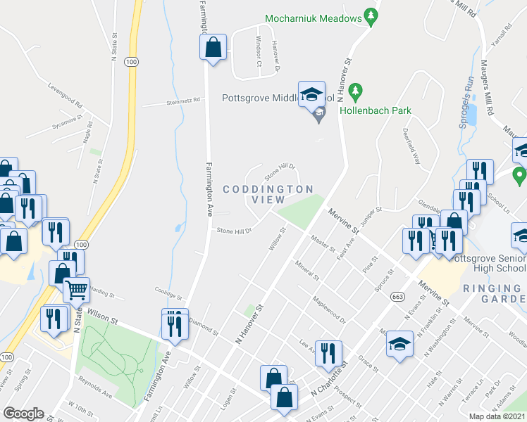 map of restaurants, bars, coffee shops, grocery stores, and more near 117 Stone Hill Dr in Pottstown