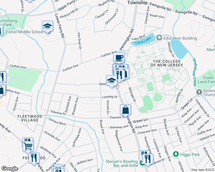 map of restaurants, bars, coffee shops, grocery stores, and more near 15 Main Boulevard in Ewing Township