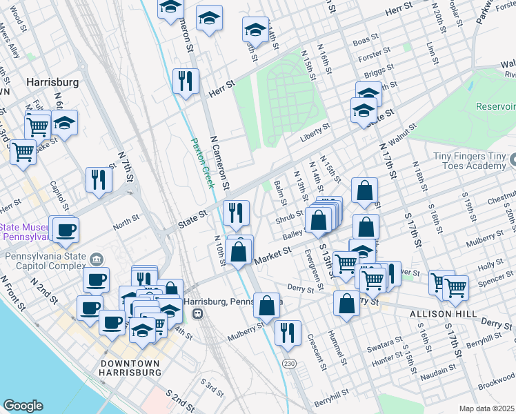 map of restaurants, bars, coffee shops, grocery stores, and more near 125 Royal Terrace in Harrisburg