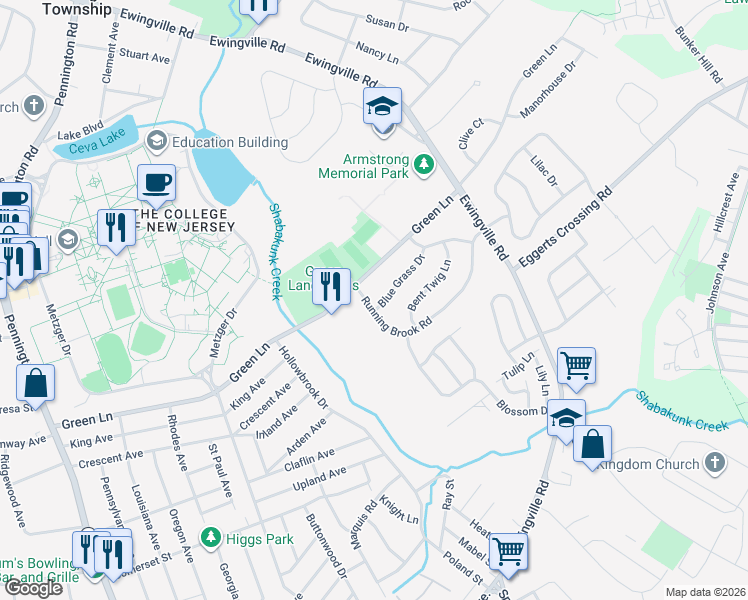 map of restaurants, bars, coffee shops, grocery stores, and more near 4 Blue Grass Drive in Ewing Township