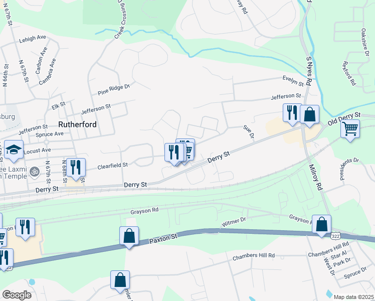 map of restaurants, bars, coffee shops, grocery stores, and more near 7653 Clearfield Street in Harrisburg