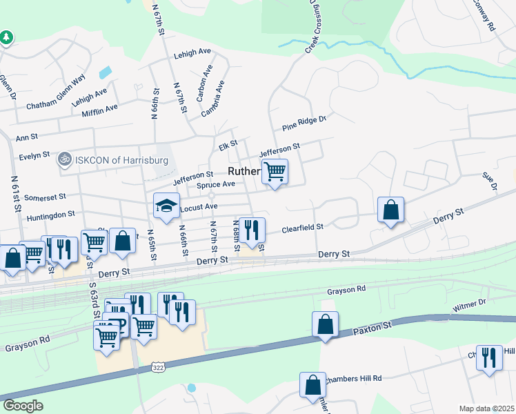 map of restaurants, bars, coffee shops, grocery stores, and more near 6910 Huntingdon Street in Harrisburg