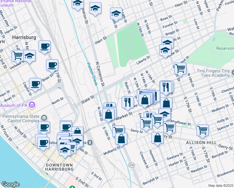 map of restaurants, bars, coffee shops, grocery stores, and more near 125 Royal Terrace in Harrisburg