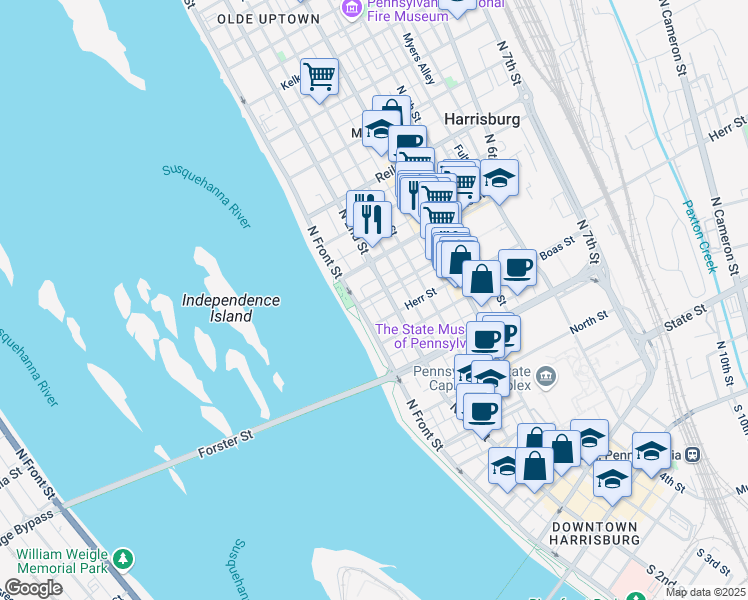 map of restaurants, bars, coffee shops, grocery stores, and more near 115 Cumberland Street in Harrisburg