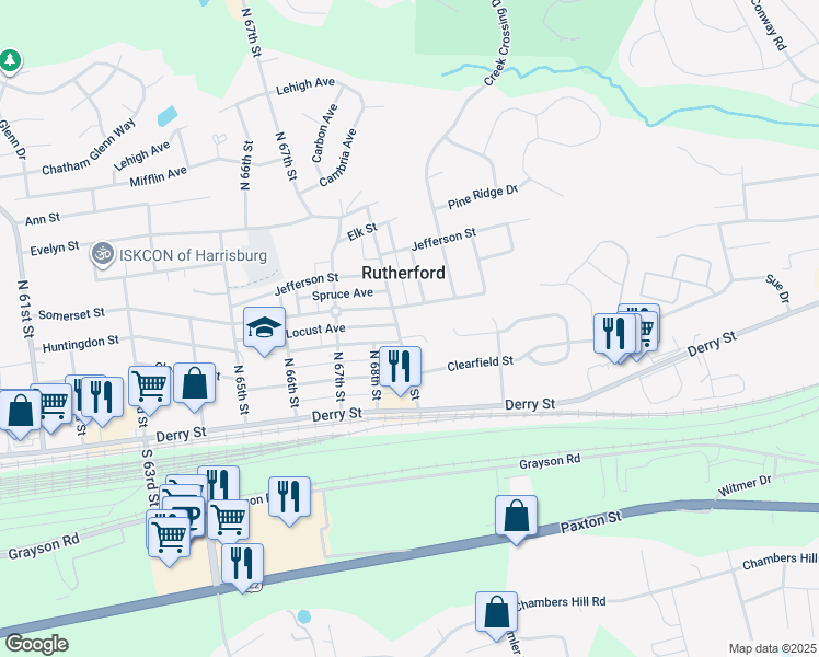 map of restaurants, bars, coffee shops, grocery stores, and more near 6910 Huntingdon Street in Harrisburg