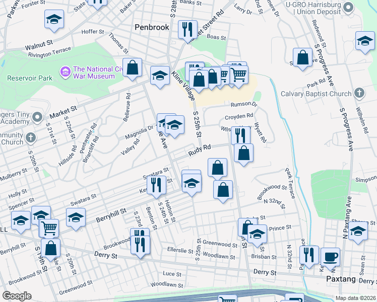 map of restaurants, bars, coffee shops, grocery stores, and more near 2477 Harris Terrace in Harrisburg