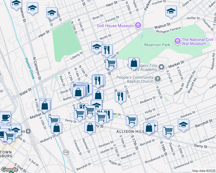map of restaurants, bars, coffee shops, grocery stores, and more near 1613 Park Street in Harrisburg