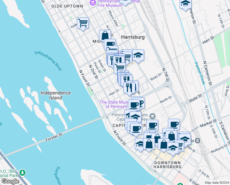 map of restaurants, bars, coffee shops, grocery stores, and more near 259 Herr Street in Harrisburg