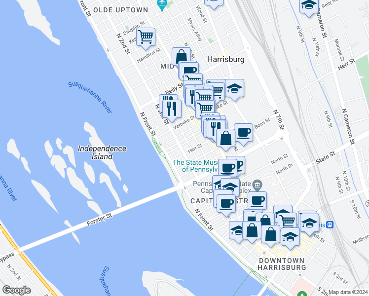 map of restaurants, bars, coffee shops, grocery stores, and more near 1110 Penn Street in Harrisburg