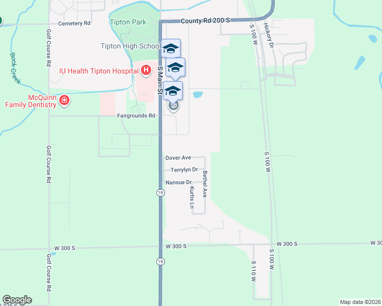 map of restaurants, bars, coffee shops, grocery stores, and more near 110 Dover Avenue in Tipton