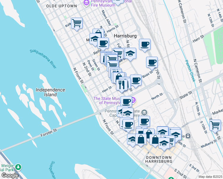 map of restaurants, bars, coffee shops, grocery stores, and more near 1015 Green Street in Harrisburg
