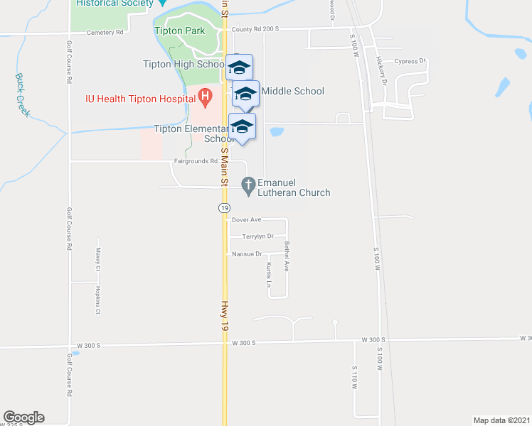 map of restaurants, bars, coffee shops, grocery stores, and more near 110 Dover Avenue in Tipton