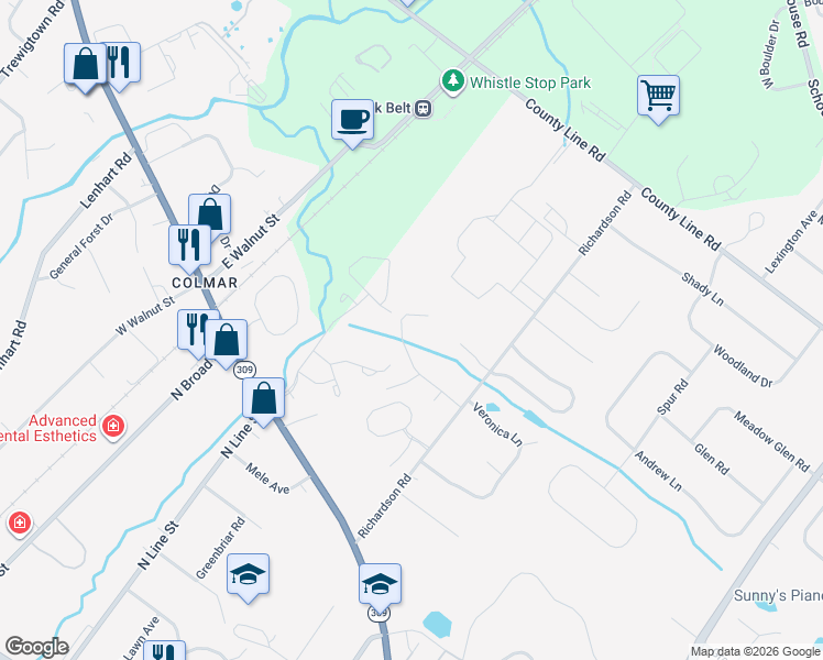 map of restaurants, bars, coffee shops, grocery stores, and more near 110 Crystal Road in Lansdale