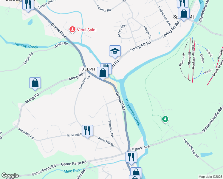 map of restaurants, bars, coffee shops, grocery stores, and more near 1000 Gravel Pike in Schwenksville