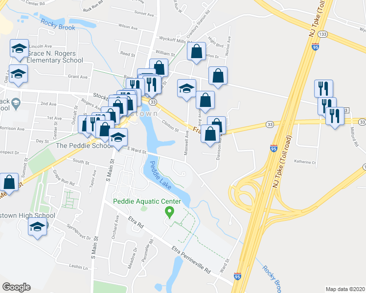 map of restaurants, bars, coffee shops, grocery stores, and more near 214 Maxwell Avenue in Hightstown