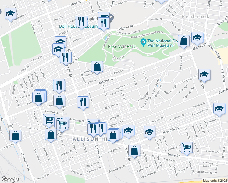 map of restaurants, bars, coffee shops, grocery stores, and more near 1935 Chestnut Street in Harrisburg