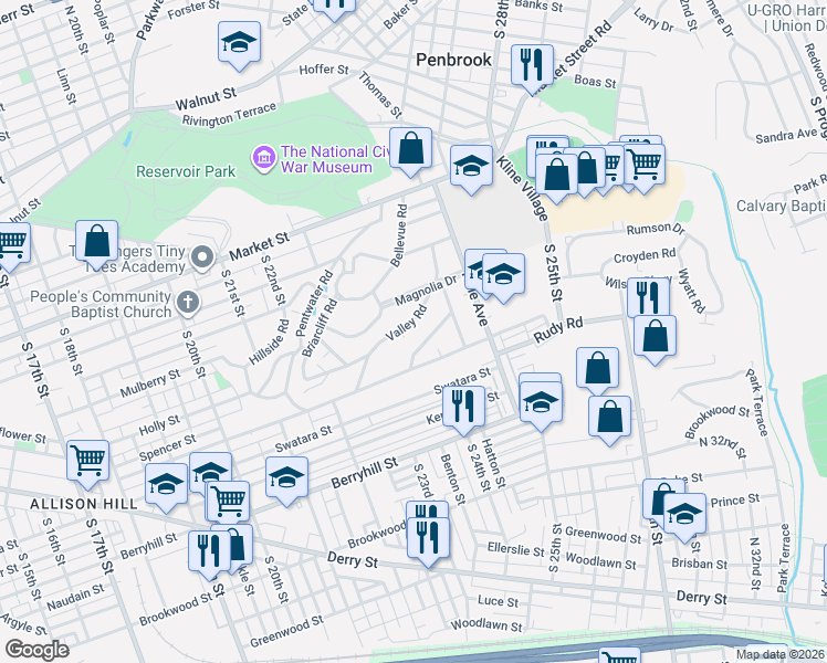 map of restaurants, bars, coffee shops, grocery stores, and more near 2315 Valley Road in Harrisburg