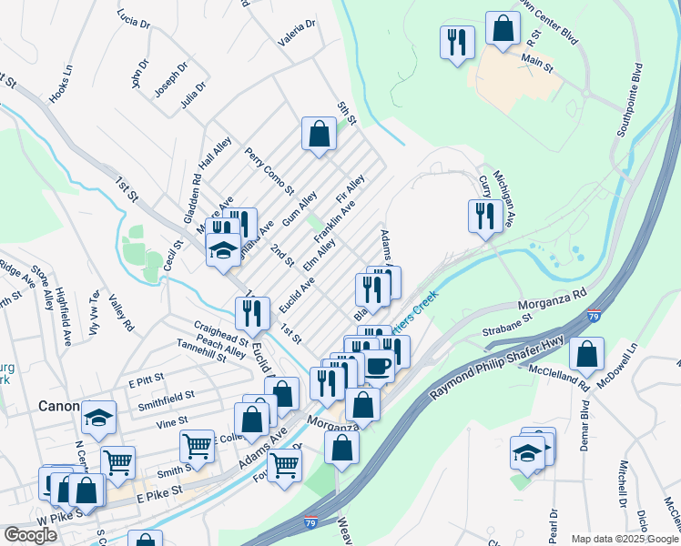 map of restaurants, bars, coffee shops, grocery stores, and more near 521 Duquesne Avenue in Canonsburg