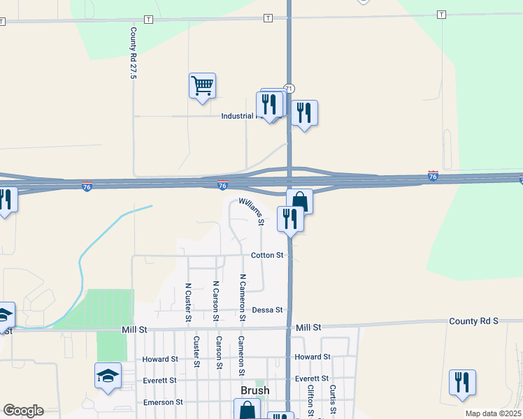 map of restaurants, bars, coffee shops, grocery stores, and more near 1037 Williams Street in Brush