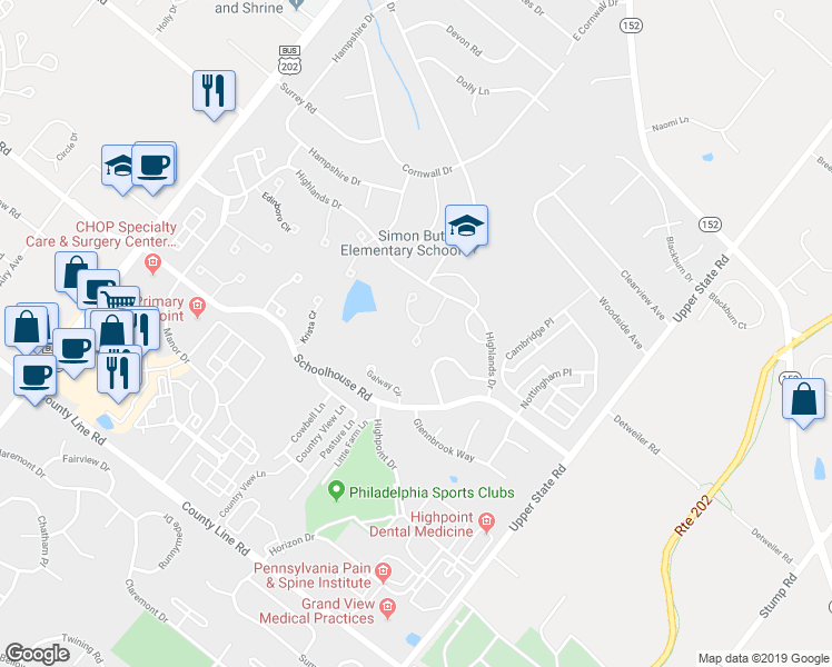 map of restaurants, bars, coffee shops, grocery stores, and more near 103 Bonnie Lark Court in Chalfont