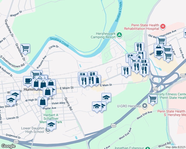map of restaurants, bars, coffee shops, grocery stores, and more near 320 East 2nd Street in Hummelstown
