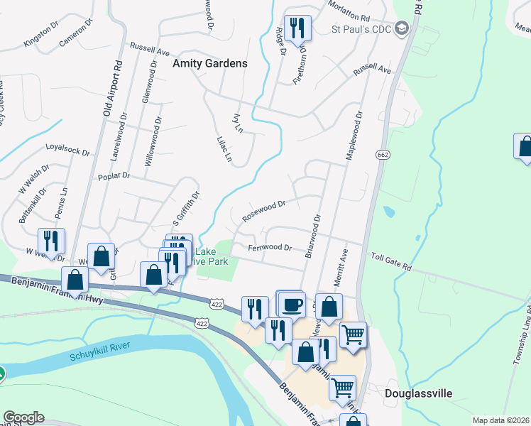map of restaurants, bars, coffee shops, grocery stores, and more near 732 Rosewood Drive in Douglassville