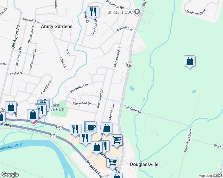 map of restaurants, bars, coffee shops, grocery stores, and more near 209 Maplewood Drive in Douglassville