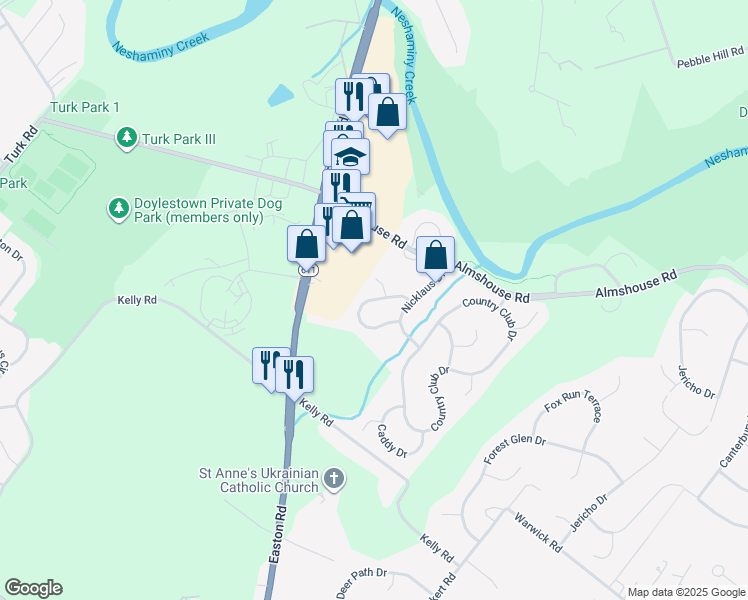 map of restaurants, bars, coffee shops, grocery stores, and more near 323 Bunker Hollow Road in Doylestown